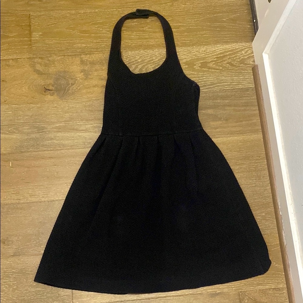 Anthropologie Ganni Black Textured Flared Halter Dress Mini Lined S 4 6
